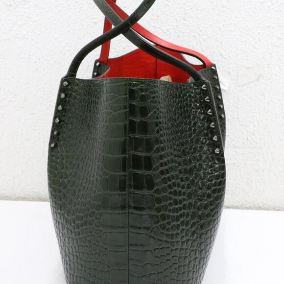 Christian Louboutin Calfskin Crocodile Embossed Spikes Large Cabarock Bag- Green - Picture 8 of 15
